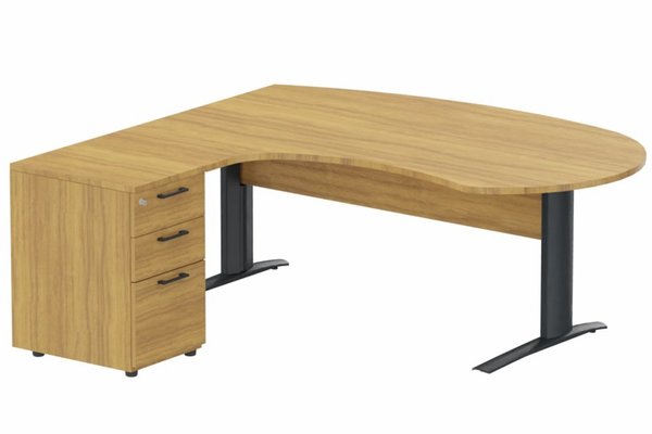 Gamme K1 - Plans compacts - K1 Voile de fond Bois - Plan compact 90° asymétrique Manager 190x183x104/60cm avec caisson HB bois 3 tiroirs - retour à gauche -Finitions : PLATEAUX: NOYER (NO) / PIETEMENTS: ANTHRACITE (AN) / CAISSONS MELAMINE: NOYER (NO)