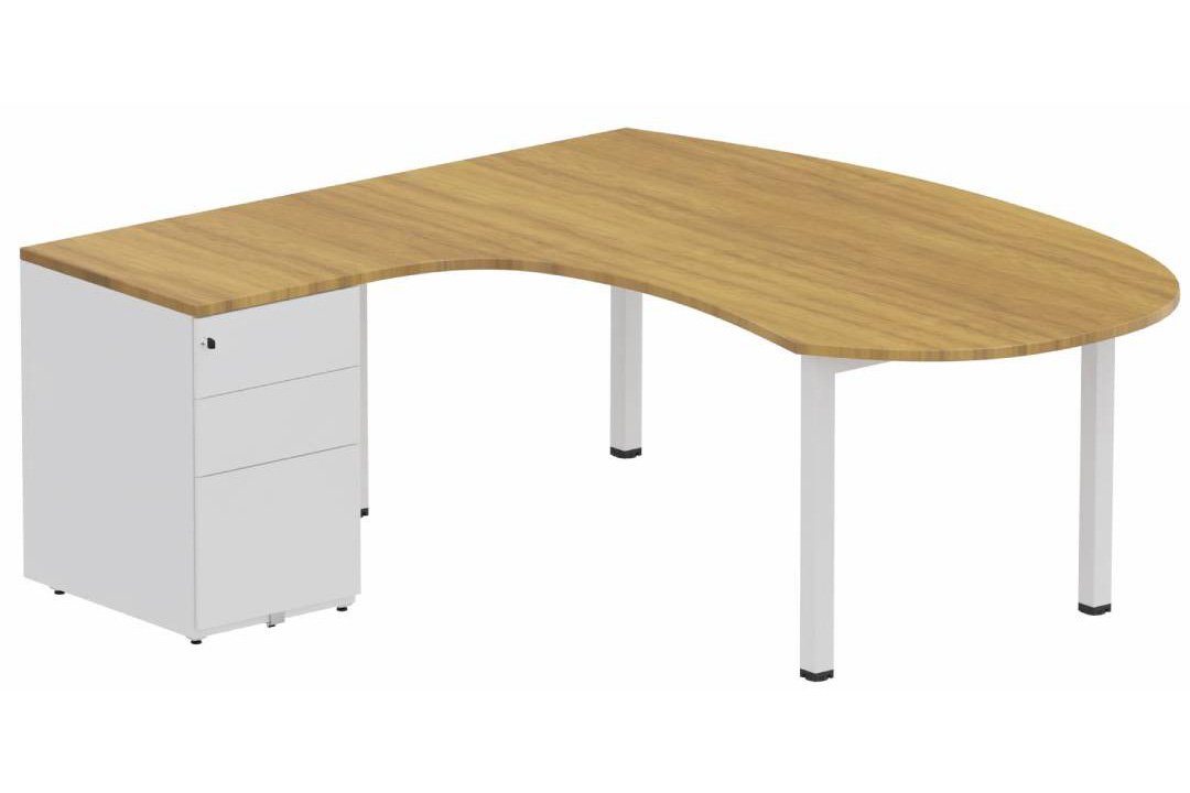 K3 compact 90° manager 190x141x104x60cm sur caisson HB métal 3 tiroirs, plateau NOYER, structure blanche