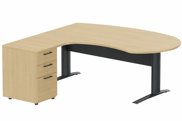 Gamme K1 - Plans compacts - K1 Voile de fond Métal - Plan compact 90° asymétrique Manager 190x183x104/60cm avec caisson HB bois 3 tiroirs - retour à gauche -Finitions : PLATEAUX: CHENE (CE) / PIETEMENTS: ANTHRACITE (AN) / CAISSONS MELAMINE: CHENE (CE)