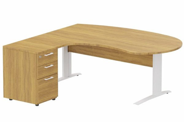 Gamme K1 - Plans compacts - K1 Voile de fond Bois - Plan compact 90° asymétrique Manager 190x183x104/60cm avec caisson HB bois 3 tiroirs - retour à gauche -Finitions : PLATEAUX: NOYER (NO) / PIETEMENTS: BLANC (BL) / CAISSONS MELAMINE: NOYER (NO)