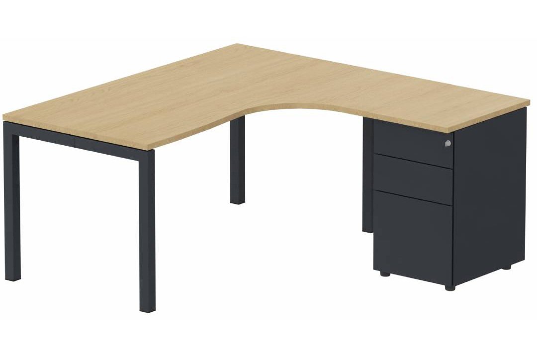 K3- Plan compact 90° asymétrique 160x162x80/60cm avec caisson HB métal 3 tiroirs - retour à droite -Finitions = Plateau et top de finition : Chêne (CE) /Piétements : anthracite (AN)/ Caisson : Anthracite (AN)
