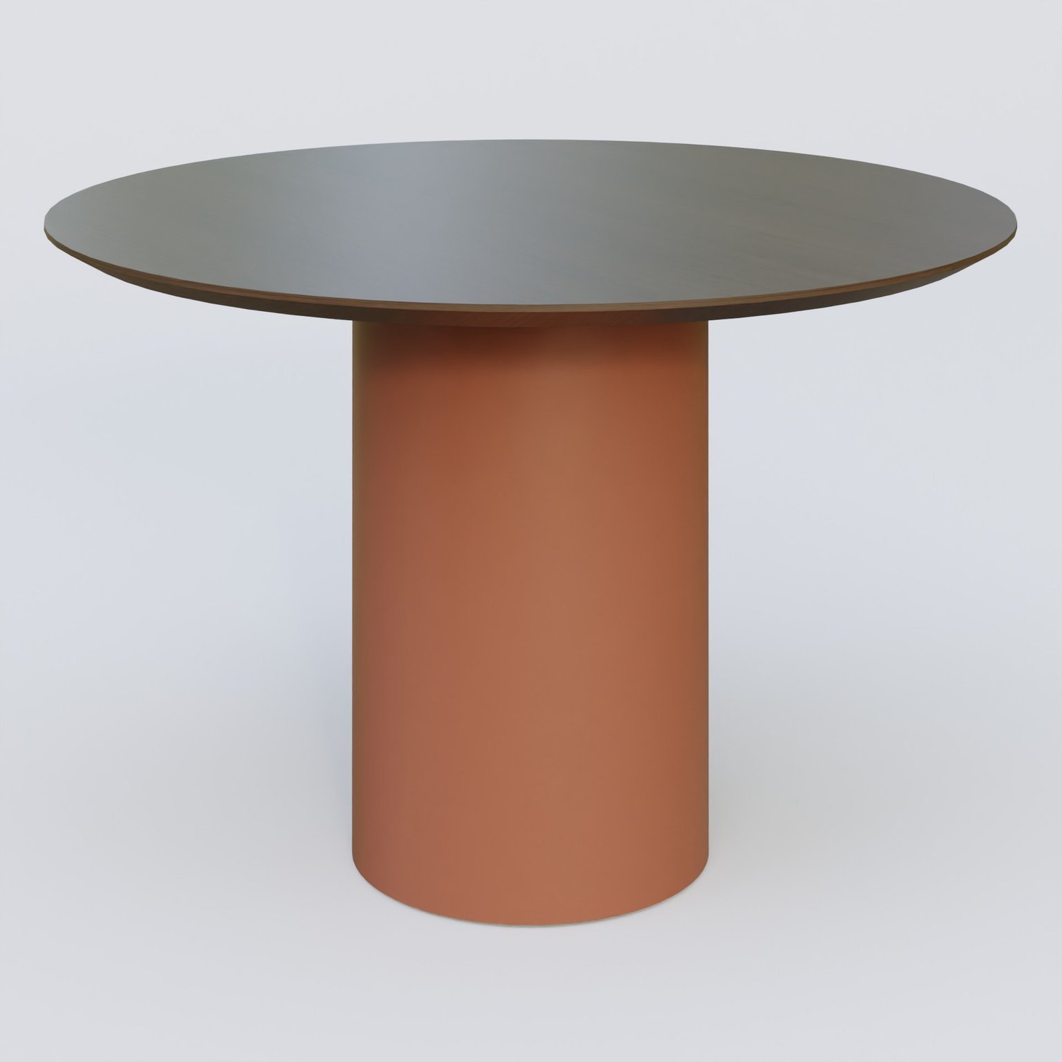 Table Basse Fashion Styl piètement colonne en métal D-26cm et plateau bois. Plateau Chêne Moka et pietement Brun cuivré (RAL 8004).