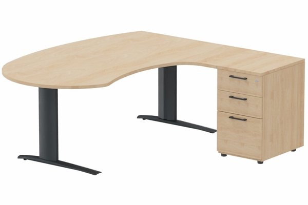 Gamme K1 - Plans compacts - K1 POUTRE compact 90° manager 190x141x104x60cm sur caisson HB mélamine 3 tiroirs, plateau hêtre, structure anthracite