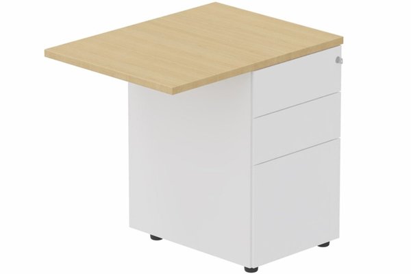 Gamme K8 Wood - Extensions - Plans droits - K8Wood Retour direct 120x60 sur caisson métal HB 3 tiroirs -Finitions = Plateau : BLANC(BL) /Piétements : blanc / bois (BW) / Caisson : Blanc (BL)