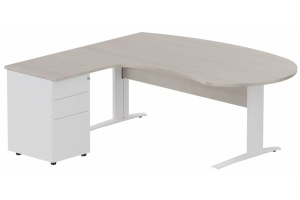 Gamme K1 - Plans compacts - K1 VDF bois compact 90° manager 190x141x104x60cm sur caisson HB métal 3 tiroirs, plateau acacia, structure blanc