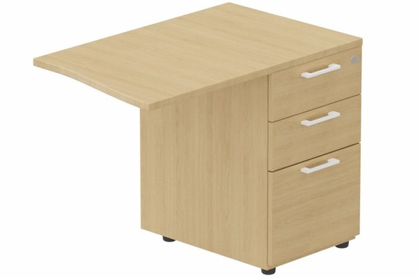 Gamme K3 - Extensions - Plans vagues - K3- Retour direct vague 90x60 sur caisson HB bois 3 tiroirs à droite - Finitions- Plateau et top caisson : Chêne (CE) / Piétements et caisson :Blanc (BL)