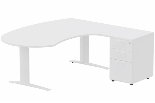 Gamme K1 - Plans compacts - K1 POUTRE compact 90° manager 190x141x104x60cm sur caisson HB mélamine 3 tiroirs, plateau blanc, structure blanc