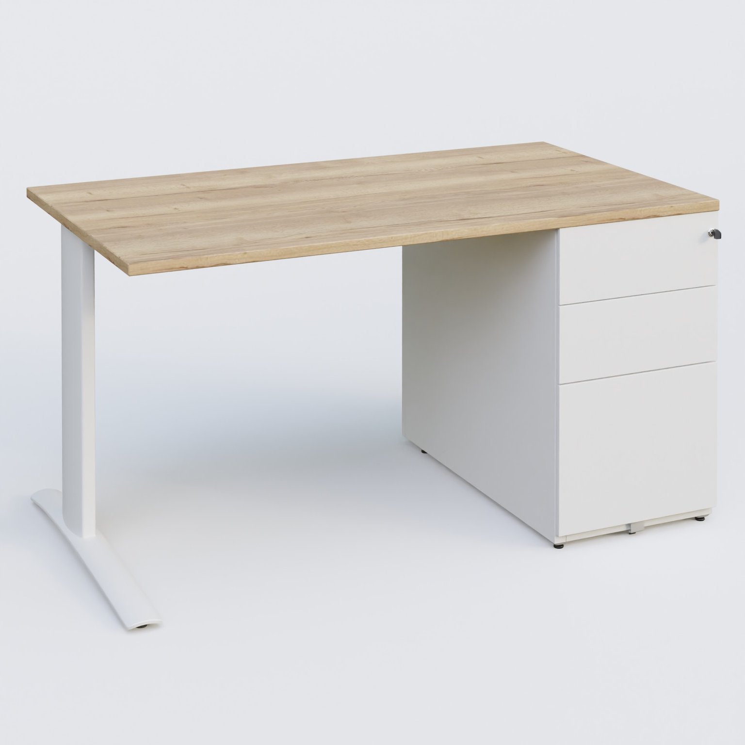 K1 Plateau droit 140x80 avec caisson métal porteur sous plateau à droite. Plateau Chêne naturel et pietement Blanc