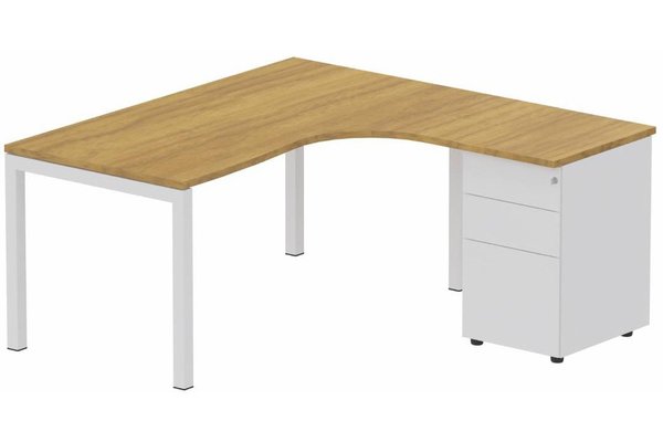 Gamme K3 - Plans compacts - K3 Compact 90° asymétrique 160x162x80/60cm retour à droite avec caisson HB métal 3 tiroirs, plateau Noyer, structure Blanc