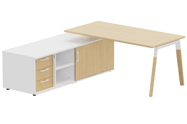 Gamme K8 Wood - Plans droits - K8Wood Plan 160x80 avec meuble porteur (L180xP64) avec caisson 3T intégré - meuble à gauche -Finitions = Plateau: chêne /Piétement : Blanc / Hetre (BW) / Corps d'armoire: blanc / Façade : chêne