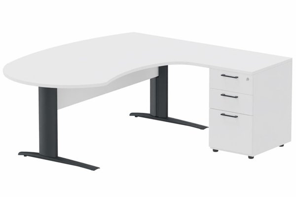 Gamme K1 - Plans compacts - K1 VDF bois compact 90° manager 190x141x104x60cm sur caisson HB mélamine 3 tiroirs, plateau blanc, structure anthracite