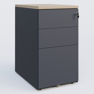 CAISSONS  - Hauteur de bureau - Caisson hauteur de bureau métalique 3 tiroirs avec top de finition, profondeur 60cm. Plateau Acacia et caisson Anthracite.