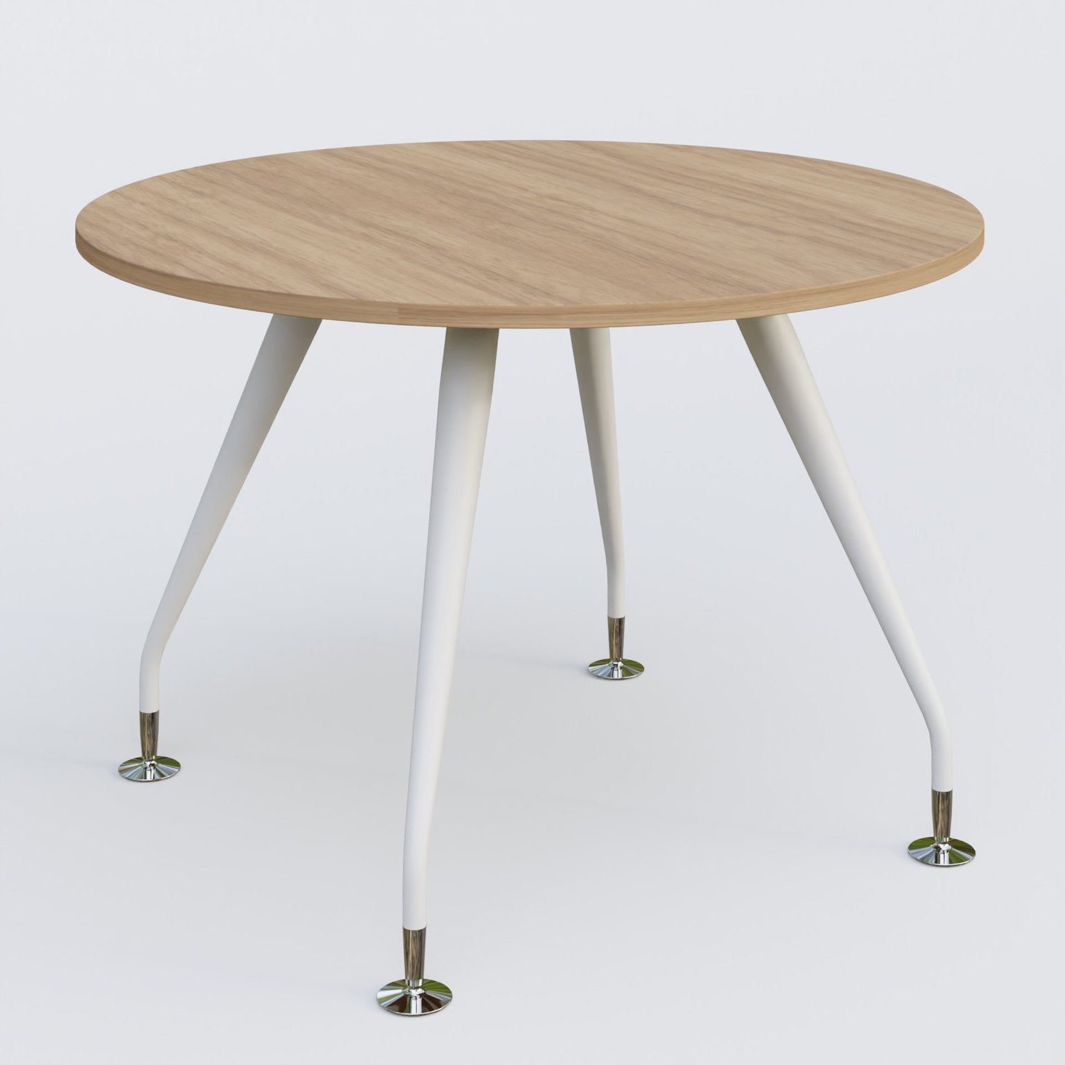 Table ronde diametre 110 cm avec 4 pieds de la gamme K5. Plateau Noyer et pietement Blanc