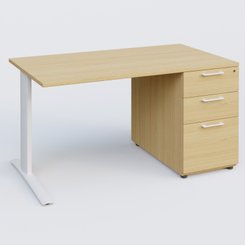 [Pas de famille] - [Pas de sous famille] - K1 Plateau droit 140x80 avec caisson porteur sous plateau mélamine à droite. Plateau Chêne clair et pietement Blanc