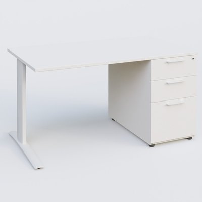 [Pas de famille] - [Pas de sous famille] - K1 Plateau droit 140x80 avec caisson porteur sous plateau mélamine à droite. Plateau Blanc et pietement Blanc