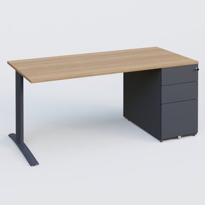 [Pas de famille] - [Pas de sous famille] - K1 Plateau droit 180x80 avec caisson métal porteur sous plateau à droite. Plateau Noyer et pietement Anthracite