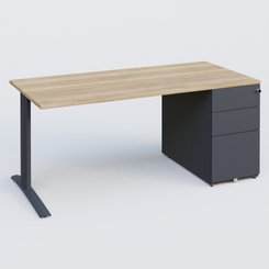 [Pas de famille] - [Pas de sous famille] - K1 Plateau droit 180x80 avec caisson métal porteur sous plateau à droite. Plateau Chêne naturel et pietement Anthracite
