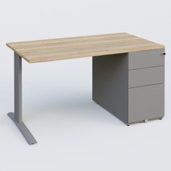 [Pas de famille] - [Pas de sous famille] - K1 Plateau droit 140x80 avec caisson métal porteur sous plateau à droite. Plateau Chêne naturel et pietement Aluminium