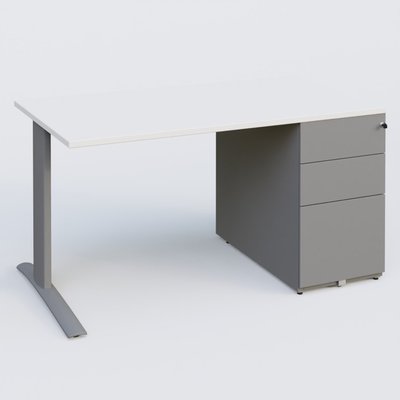 [Pas de famille] - [Pas de sous famille] - K1 Plateau droit 140x80 avec caisson métal porteur sous plateau à droite. Plateau Blanc et pietement Aluminium