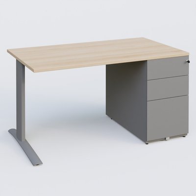 [Pas de famille] - [Pas de sous famille] - K1 Plateau droit 140x80 avec caisson métal porteur sous plateau à droite. Plateau Hêtre et pietement Aluminium