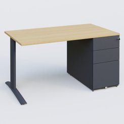 [Pas de famille] - [Pas de sous famille] - K1 Plateau droit 140x80 avec caisson métal porteur sous plateau à droite. Plateau Chêne clair et pietement Anthracite