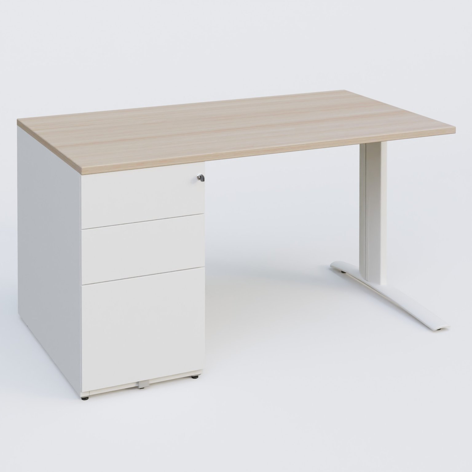 K1 Plateau droit 140x80 avec caisson métal porteur sous plateau à gauche. Plateau Acacia et pietement Blanc