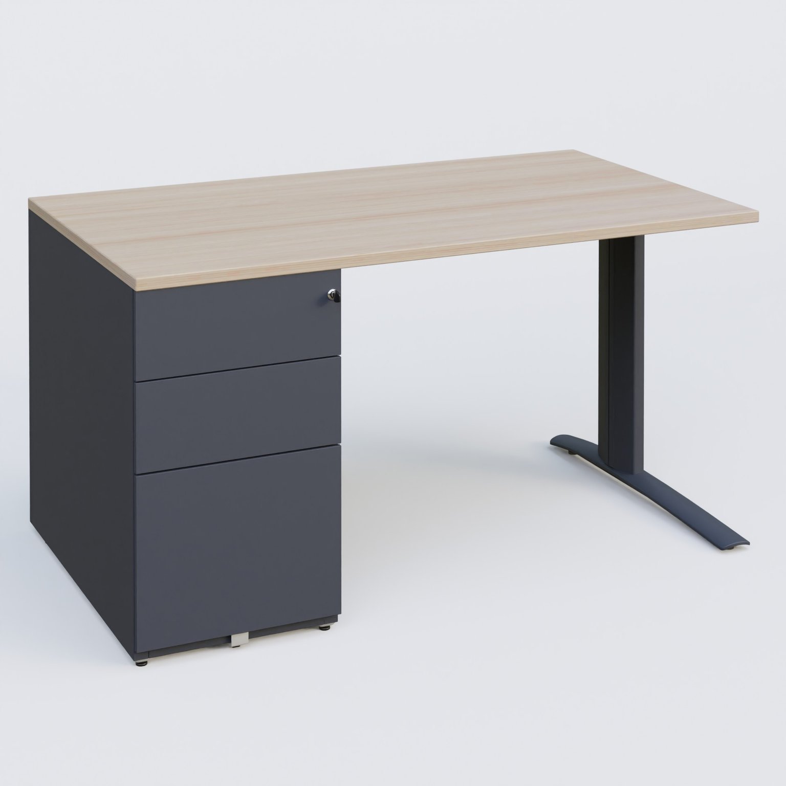 K1 Plateau droit 140x80 avec caisson métal porteur sous plateau à gauche. Plateau Acacia et pietement Anthracite