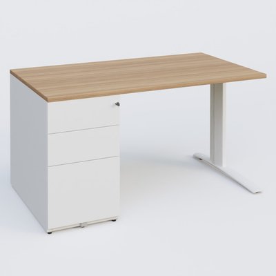 [Pas de famille] - [Pas de sous famille] - K1 Plateau droit 140x80 avec caisson métal porteur sous plateau à gauche. Plateau Noyer et pietement Blanc