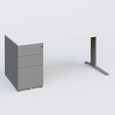 [Pas de famille] - [Pas de sous famille] - K1 Plateau droit 180x80 avec caisson métal porteur sous plateau à gauche. Plateau Blanc et pietement Aluminium