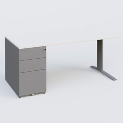 [Pas de famille] - [Pas de sous famille] - K1 Plateau droit 180x80 avec caisson métal porteur sous plateau à gauche. Plateau Blanc et pietement Aluminium