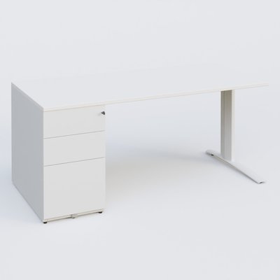 [Pas de famille] - [Pas de sous famille] - K1 Plateau droit 180x80 avec caisson métal porteur sous plateau à gauche. Plateau Blanc et pietement Blanc