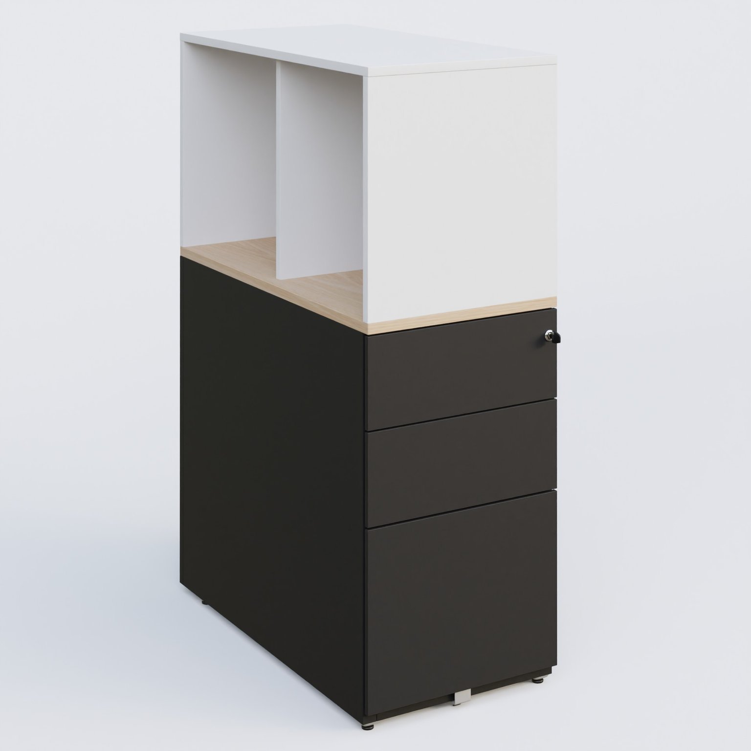 Caisson HB 3 tiroirs avec niche. Caisson Noir Grainé top de finition Hêtre et niche blanche.