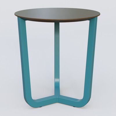 [Pas de famille] - [Pas de sous famille] - Table Basse Fashion Styl piètement tryptique en métal et plateau bois. Plateau Chêne Moka et pietement Bleu Petrole (RAL 5025).