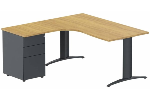 Gamme K2 - Plans compacts - K2 Compact 90° asymétrique 160x162x80/60cm retour à gauche avec caisson HB métal 3 tiroirs noyer /anthracite