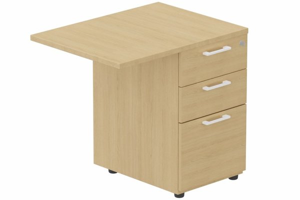 Gamme K8 - Extensions - Plans droits - K8 Retour direct 120x60 sur caisson bois HB 3 tiroirs -Finitions = Plateau: Chêne (CE) / Caisson: chêne, poignées blanches