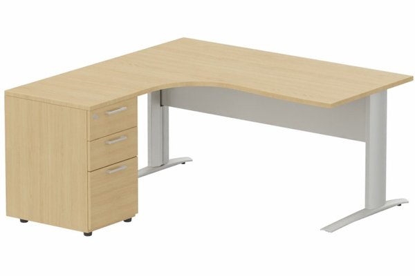 Gamme K1 - Plans compacts - K1 Voile de fond Métal - Plan compact 90° asymétrique 180x162x80/60cm avec caisson HB bois 3 tiroirs - retour à gauche -Finitions : PLATEAUX: CHENE (CE) / PIETEMENTS: ALUMINIUM (AL) / CAISSONS MELAMINE: CHENE (CE)