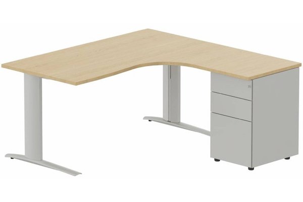 Gamme K1 - Plans compacts - k1 Poutre - Plan compact 90° asymétrique 160x162x80 / 60cm avec caisson HB métal 3 tiroirs - retour à droite  -Finitions : PLATEAUX: CHENE (CE) / PIETEMENTS: ALUMINIUM (AL) / CAISSONS METALLIQUES: ALUMINIUM (AL)
