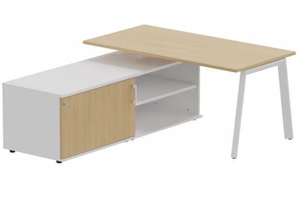 Gamme K8 - Plans droits - K8 Plan 180x80 avec meuble porteur (L180xP64) sans caisson - meuble à gauche -Finitions = Plateau et top de finition : Chêne (CE) /Piétement :Blanc (BL) / Corps du meuble : Blanc /Façade : Chêne (CE)