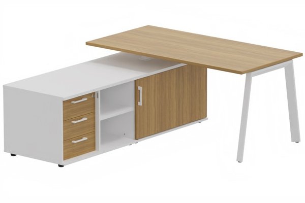 Gamme K8 - Plans droits - K8 Plan 180x80 avec meuble porteur (L180xP64) avec caisson 3T intégré - meuble à gauche - Finitions = Plateau et top de finition : noyer/ Piétement :Blanc (BL) / Corps du meuble : Blanc /Façade : noyer
