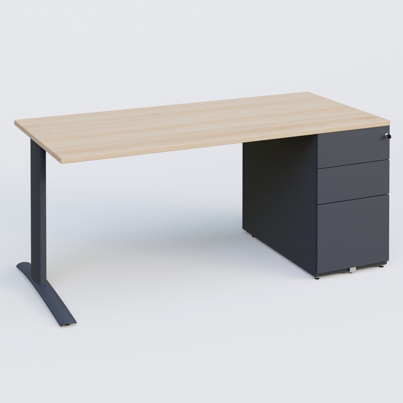 K1 Plateau droit 180x80 avec caisson métal porteur sous plateau à droite. Plateau Hêtre et pietement Anthracite