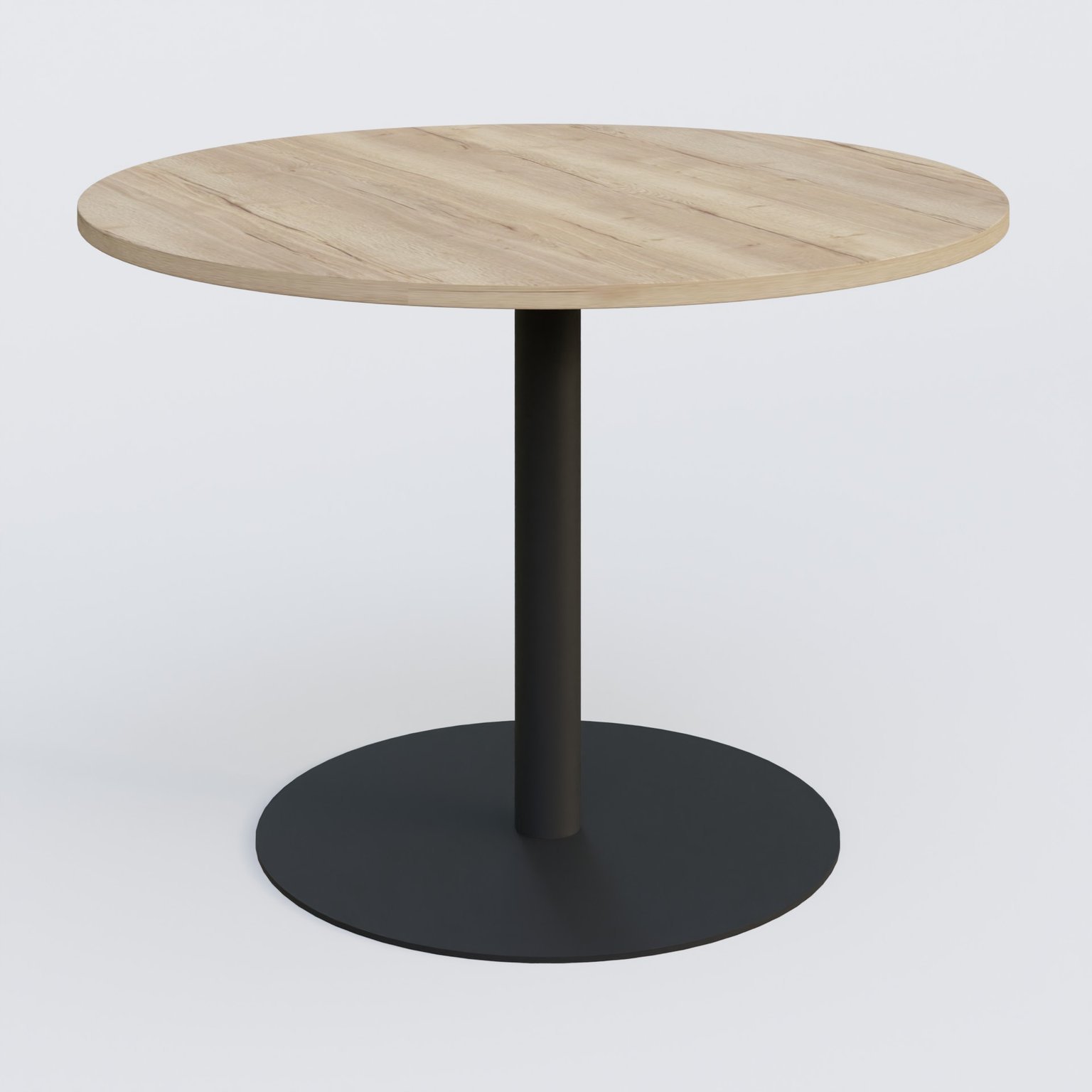 Table ronde diametre 110 cm avec pieds colonne centrale. Plateau Chêne naturel et pietement Noir Mat