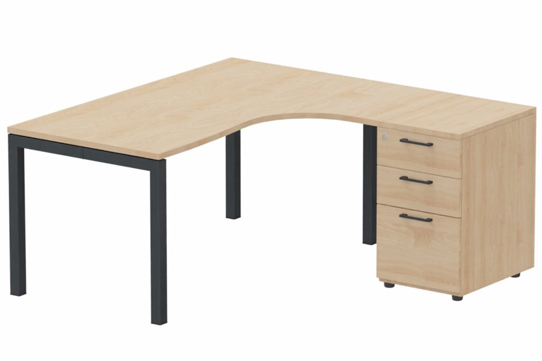 Plan Compact 90° asymétrique 160x162x80/60cm retour à droite avec caisson HB bois 3 tiroirs hêtre/anthracite
