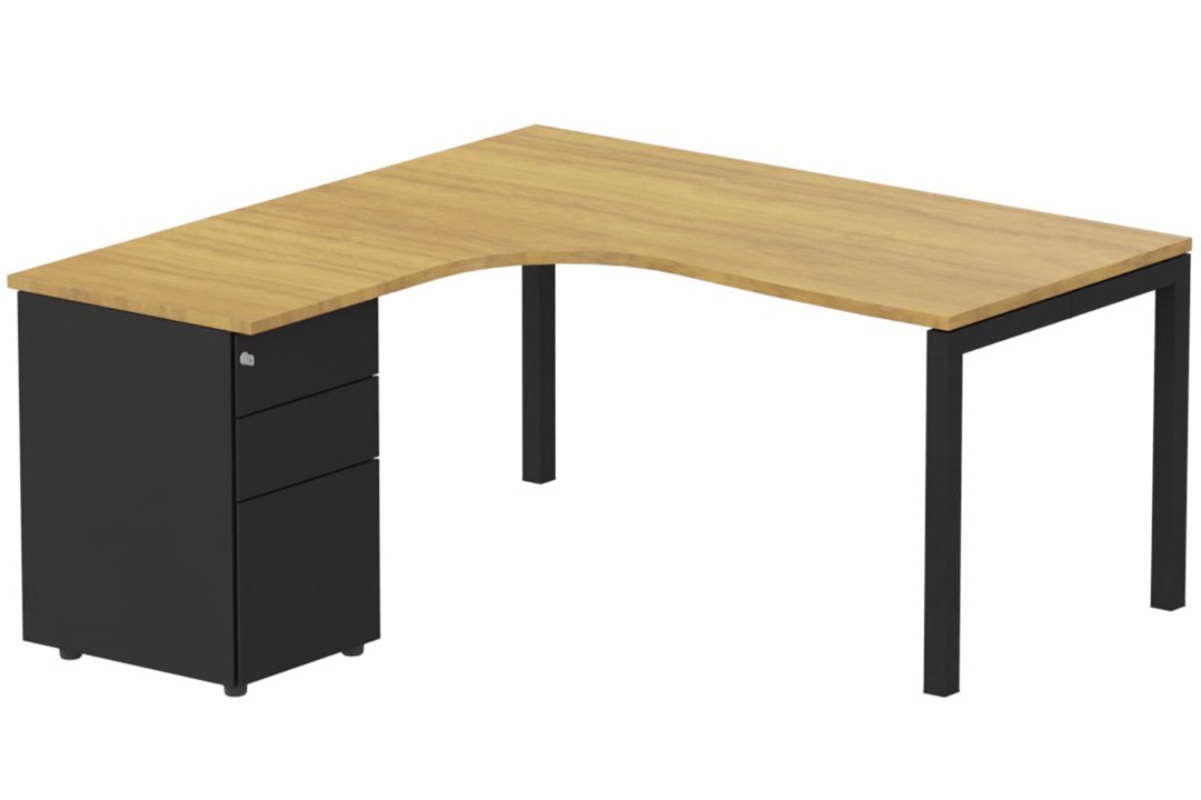 K3- Plan compact 90° asymétrique 160x162x80/60cm avec caisson HB métal 3 tiroirs - retour à gauche -Finitions : PLATEAUX: NOYER (NO) / PIETEMENTS: NOIR GRAINE MAT (NG) / CAISSONS METALLIQUES: NOIR GRAINE MAT (NG)