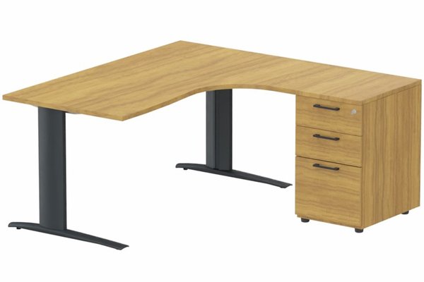 Gamme K1 - Plans compacts - K1 POUTRE Compact 90° asymétrique 180x162x80/60cm retour à droite avec caisson HB bois 3 tiroirs noyer /anthracite