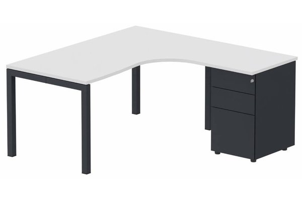 Gamme K3 - Plans compacts - K3- Plan compact 90° asymétrique 160x162x80/60cm avec caisson HB métal 3 tiroirs - retour à droite -Finitions : PLATEAUX: BLANC (BL) / PIETEMENTS: BLANC (BL ) / CAISSON METALLIQUE: ANTHRACITE (AN ) 