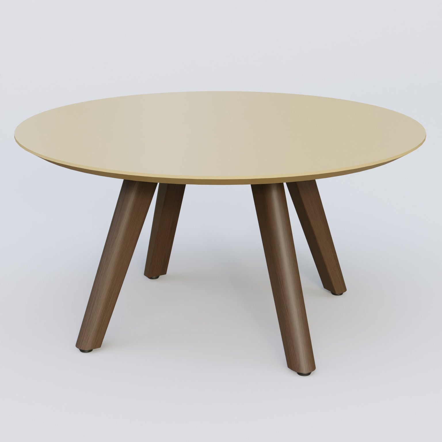 Table Basse Fashion Styl piètement 3 pieds en bois et plateau bois. Plateau Jaune Cuivre (RAL 1002) et pietement Chêne Moka.