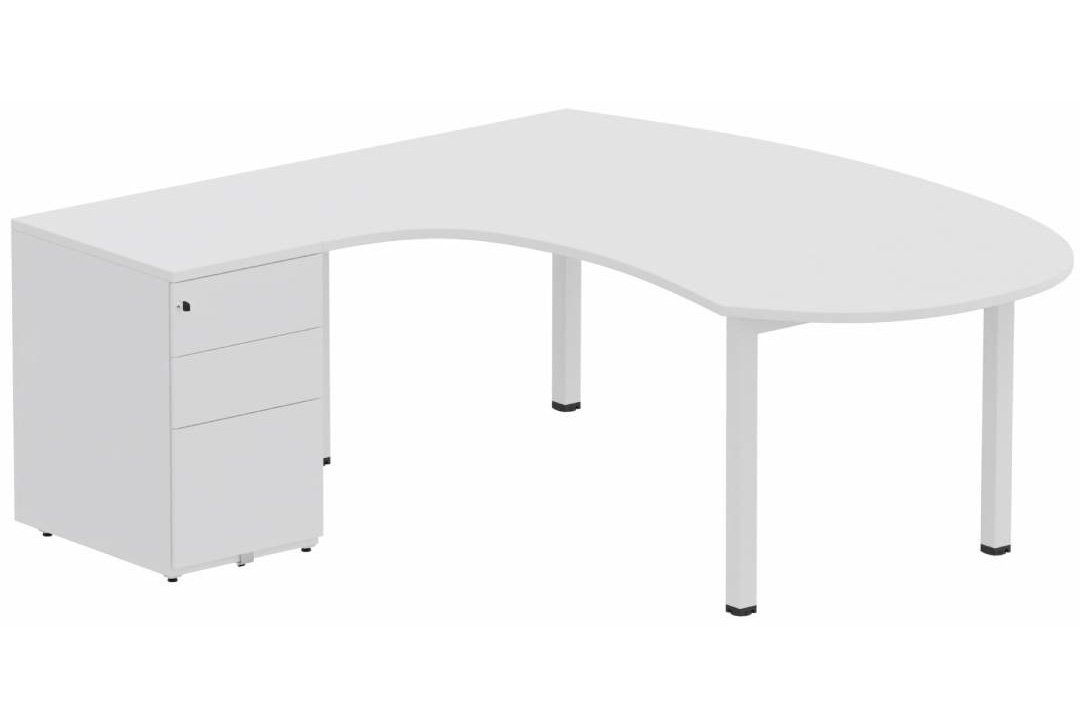 K3 compact 90° manager 190x141x104x60cm sur caisson HB métal 3 tiroirs, plateau blanc, structure blanc