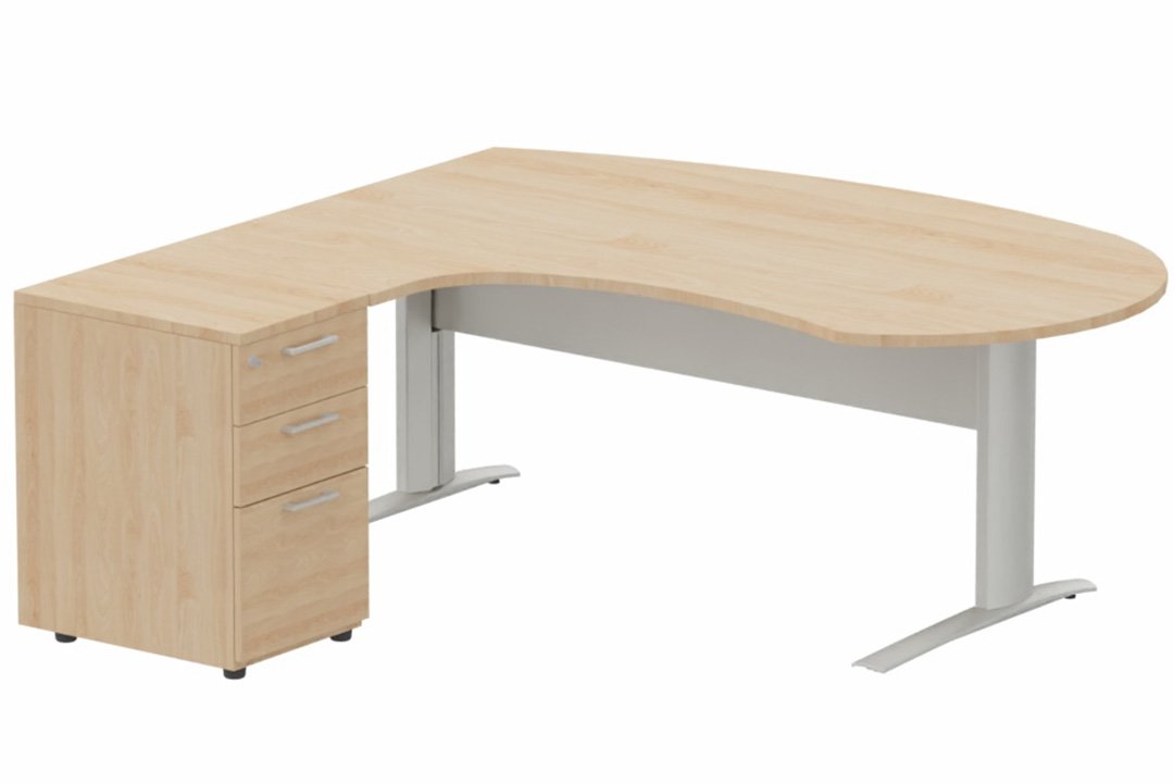 K1 VDF métal compact 90° manager 190x141x104x60cm sur caisson HB mélamine 3 tiroirs, plateau hêtre, structure aluminium
