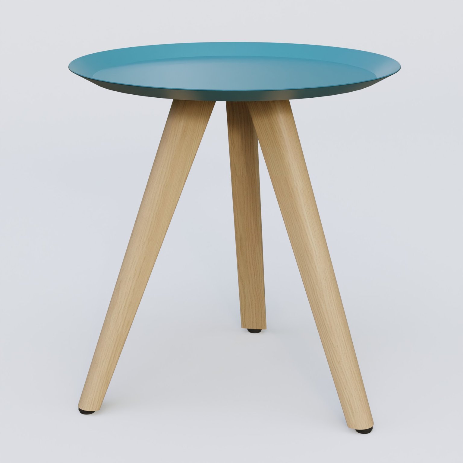 Table Basse Fashion Styl piètement 3 pieds bois et plateau métal. Plateau Bleu Petrole (RAL 5025) et pietement Chêne.