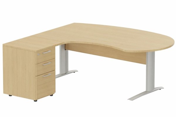 Gamme K1 - Plans compacts - K1 Voile de fond Bois - Plan compact 90° asymétrique Manager 190x183x104/60cm avec caisson HB bois 3 tiroirs - retour à gauche -Finitions : PLATEAUX: CHENE (CE) / PIETEMENTS: ALUMINIUM (AL) / CAISSONS MELAMINE: CHENE (CE)